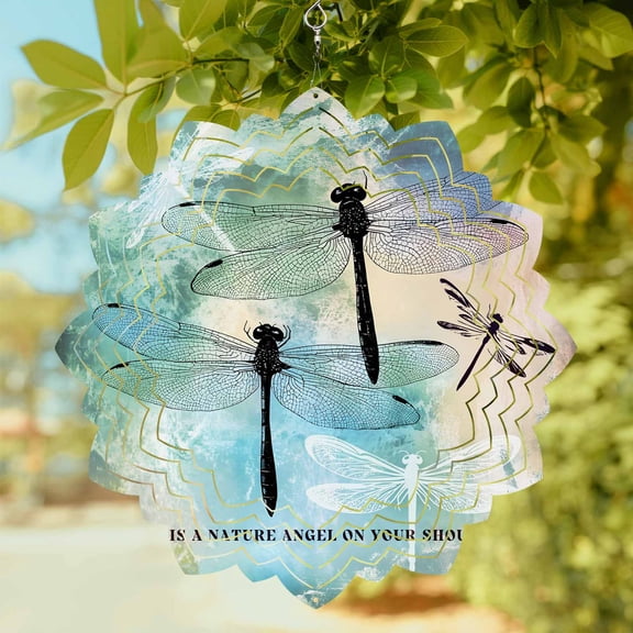 Dragonfly Wind Spinner for Garden Yard 8In, Animal Teal Green Yellow Gradient Text 3D Stainless Steel Kinetic Hanging Wind Spinners Rustproof Outdoor Decor for Lawn Patio Home