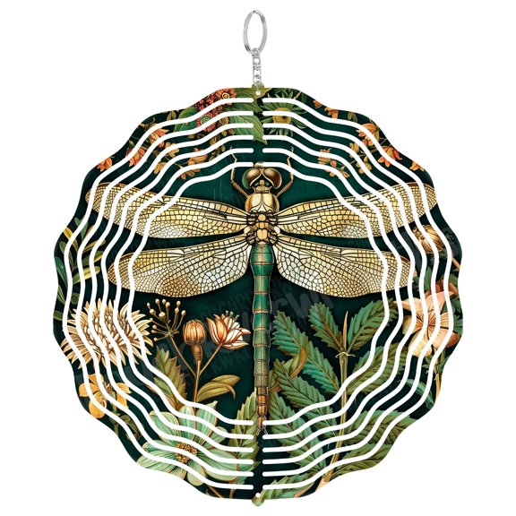 Dragonfly Wind Spinner Metal Outdoor Decor Vintage Botanical Deep Green Gold Finish