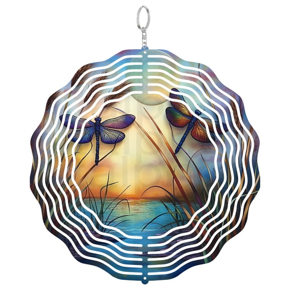 Dragonfly Wind Spinner Metal Outdoor Decor Wetland Sunset Multi-color