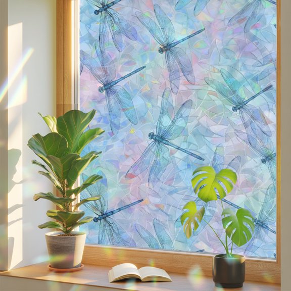 Dragonfly Window Privacy Film, Animals Watercolor Ombre Ethereal Background Stained Glass Rainbow Film Decorative Window Clings, Static Cling Sun Blocking Stickers 17.7" x 39.3"
