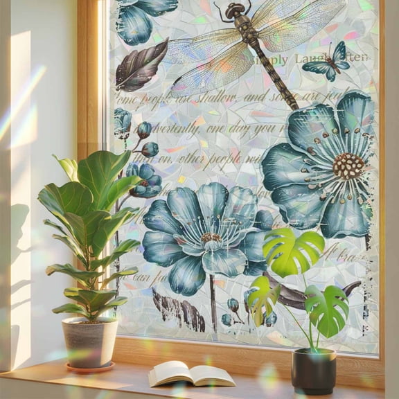 Dragonfly Window Privacy Film, Art Teal Floral Blooming Wildflowers Retro Paper Texture Stained Glass Rainbow Film Decorative Window Clings, Static Cling Sun Blocking Stickers 23.6" x 59"