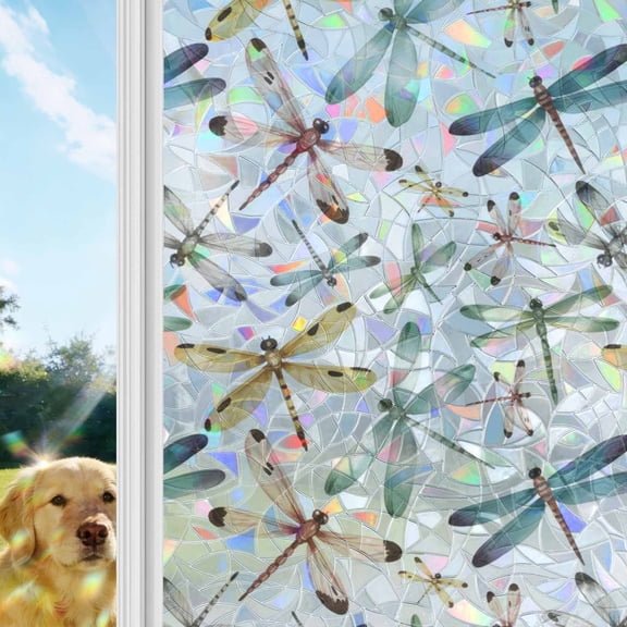Dragonfly Window Privacy Film Stain Glass,Reusable Decorative Rainbow Window Film,Watercolor Colorful Nature Painting Art Static Cling Sun Blocking Stickers Decals Covers 17.7" x 39.3" (2pcs)