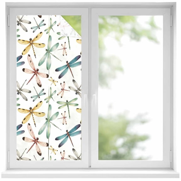 Dragonfly Window Privacy Film, Watercolor Colorful Nature Painting Art Static Cling UV Sun Blocking Heat Control Window Tint Day and Night, Non-Adhesive One Way Windows Privacy Cover 17.7''x39.3''