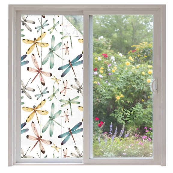 Dragonfly Window Privacy Film, Watercolor Colorful Nature Painting Art Static Cling UV Sun Blocking Heat Control Window Tint Day and Night, Non-Adhesive One Way Windows Privacy Cover 35.4''x78.7''