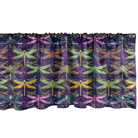 Dragonfly Window Valance Pack of 2, Colorful Spring Season Insectsest Bug and Wings Entomology Print, Rod Pocket Curtain Valances Kitchen Bedroom, 54" X 12", Purple and Yellow Green, by Ambesonne