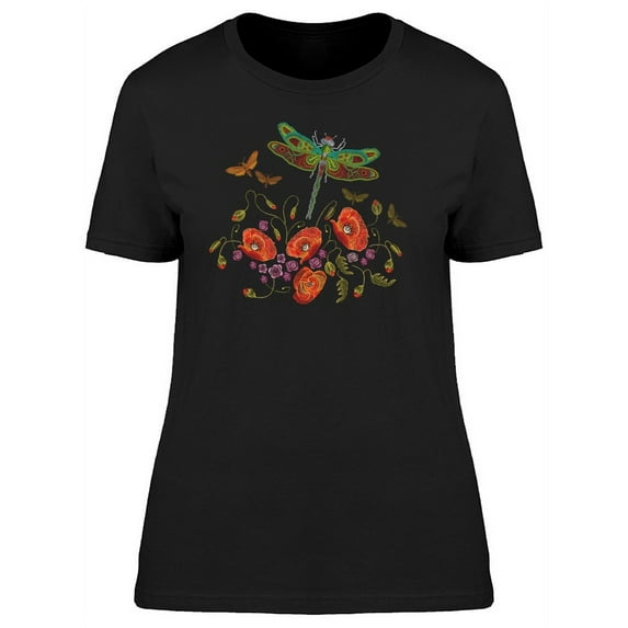 Dragonfly With Flowers T-Shirt Women -Image by Shutterstock, Female Medium