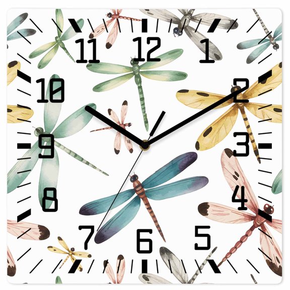 Dragonfly Wooden Wall Clock Silent Non Ticking, Watercolor Colorful Nature Painting Art Square Wall Clocks Battery Operated, Decor Clock for Home Office, Living Room, Kitchen, 10 Inch