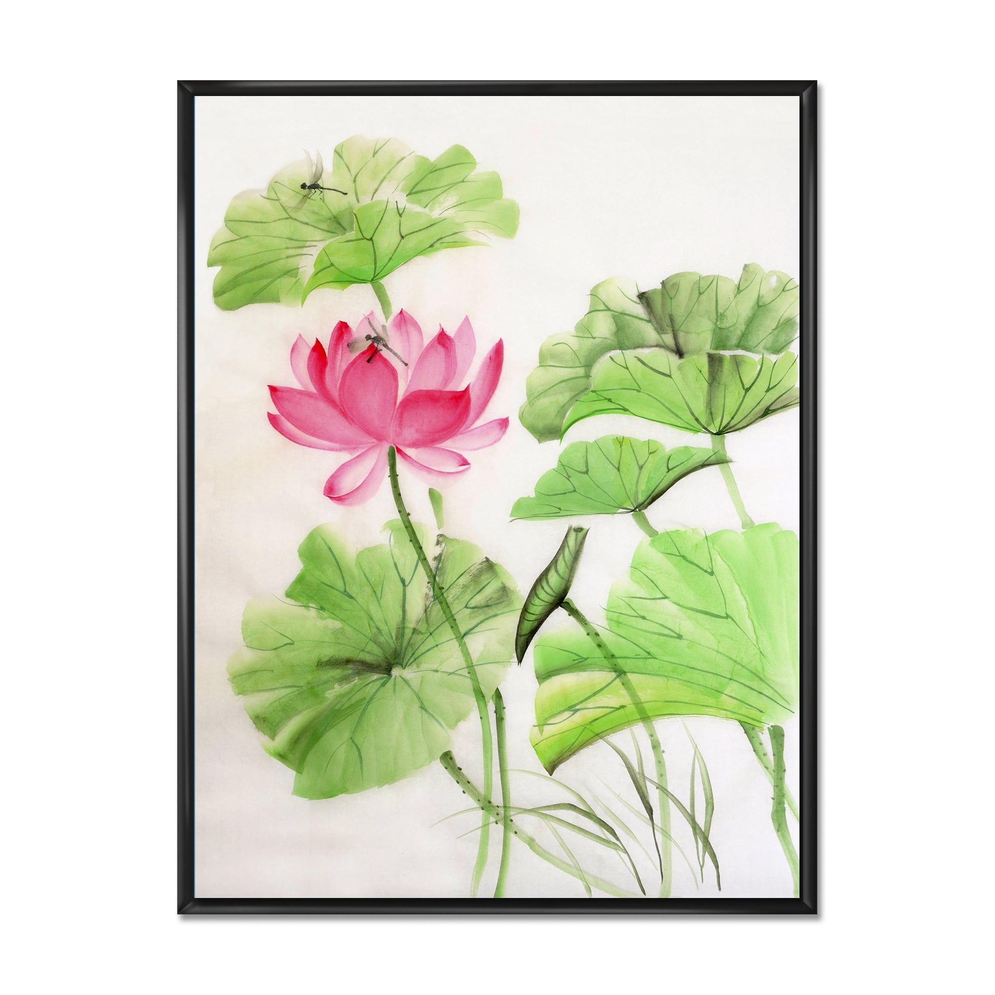 Dragonfly and Lotus 24 in x 32 in Framed Painting Canvas Art Print, by Designart