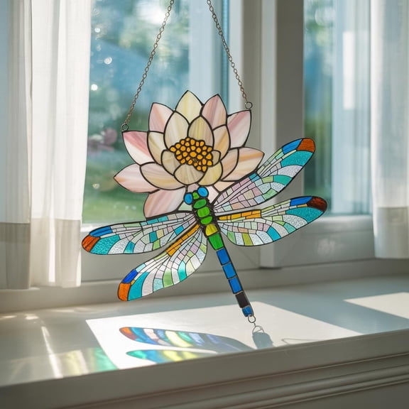 Dragonfly and Lotus Acrylic Suncatcher, Dragonfly Stained Glass, Lotus Window Ornament, Nature Garden Sun Catcher, Floral Window Hanging