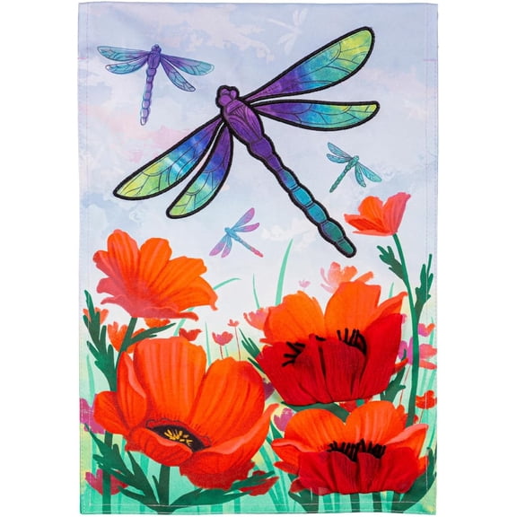 Dragonfly and Poppy Linen Garden Flag | Welcome Garden Flag 12x18 Double Sided | Small Garden Flags For Outside | Outdoor house Flags for All Season