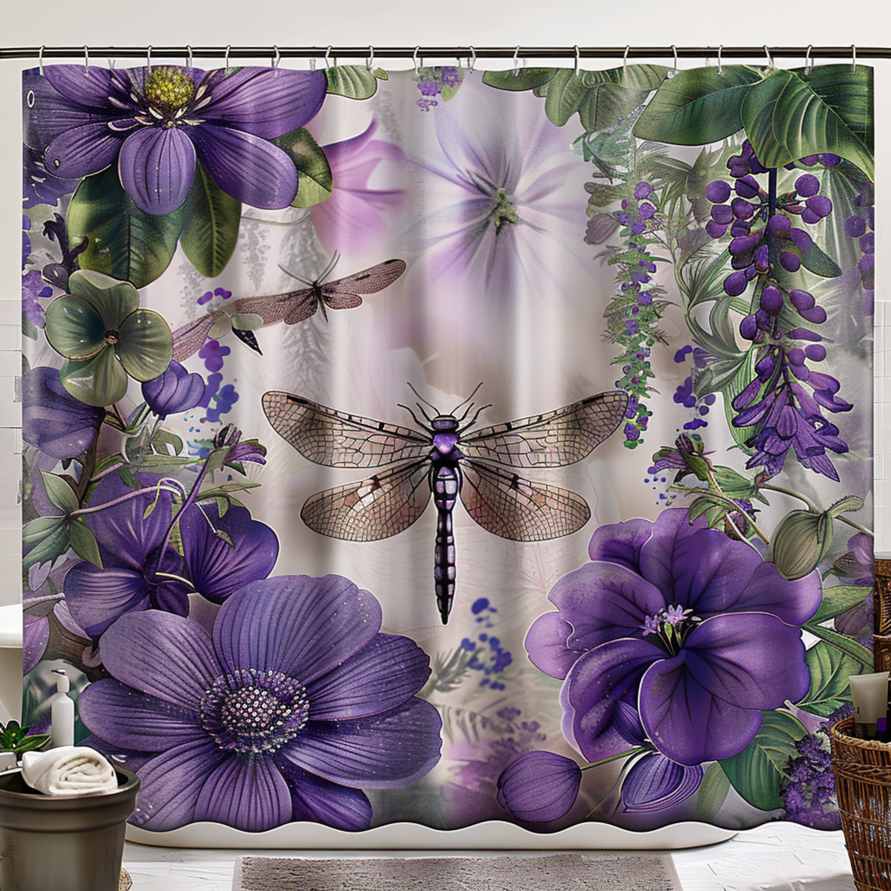 Dragonfly and Purple Flower Bathroom Shower Curtain Detailed Fabric Texture Realistic Floral