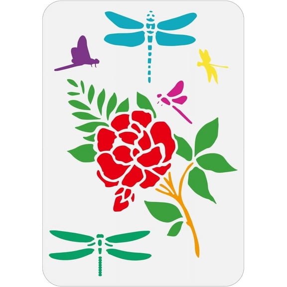 Dragonfly and Rose Painting Large Stencil 8.3x11.7 Dragonfly and Flowers Spraying Big Stencil Reusable Fluttering Dragonfly Drawing Template
