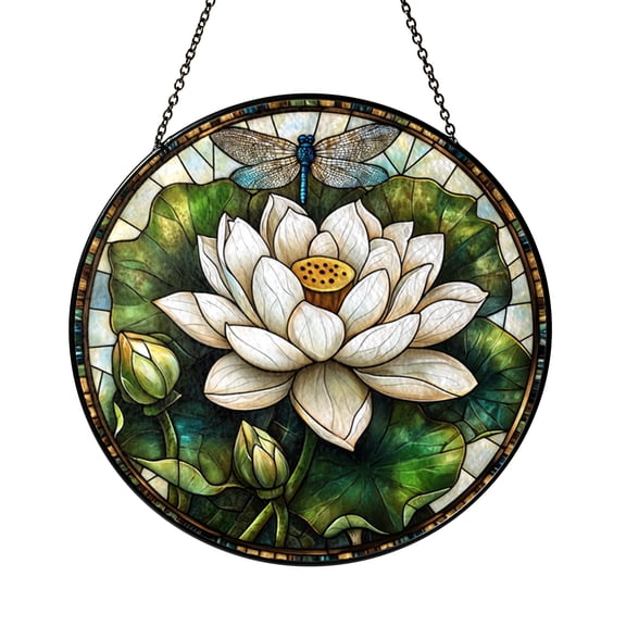 Dragonfly and White Lotus Stained Glass Window Panel, Elegant Botanical Nature Art for Home Decor