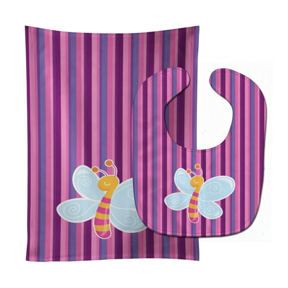 Dragonfly in Pink Stripes Baby Bib and Burp Cloth