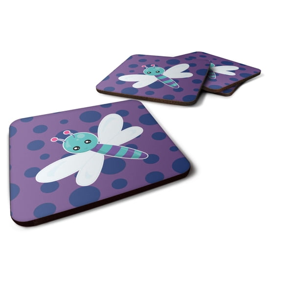 Dragonfly on Purple Polkadots Foam Coaster Set of 4