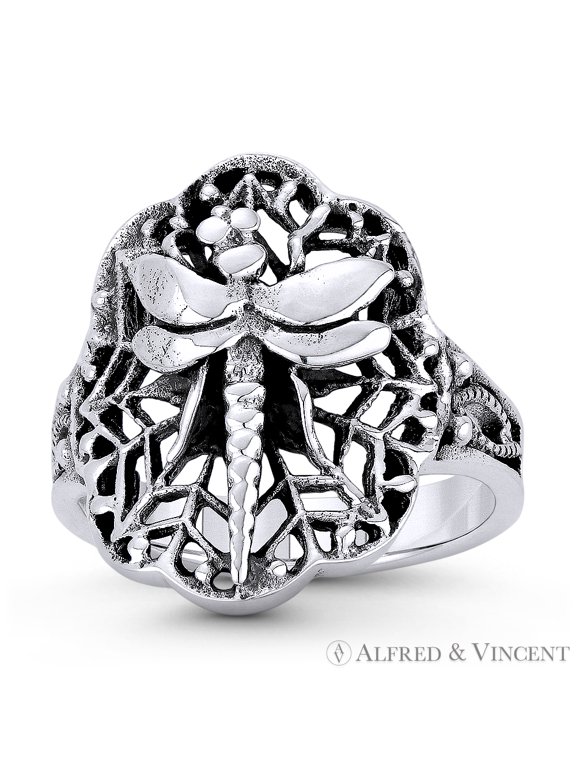 Dragonfly on Spiderweb Ring in Oxidized .925 Sterling Silver