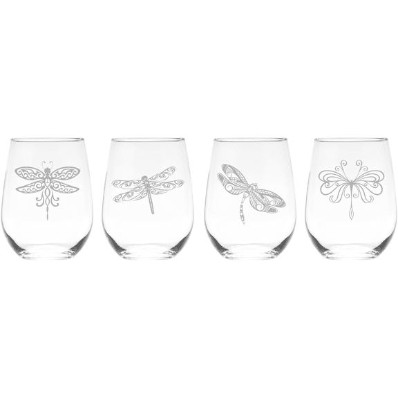 C&M Personal Gifts Dragonfly  17 oz. Stemless Wine Glasses Set of 4