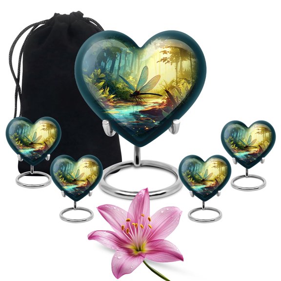 Dragonfly urn Adult Cremation Funeral Heart Urn for Human Ashes, Keepsake Memorial Gift, Beautiful Handcrafted Small Urns for Ash, Combo, Green (10 Inch & 3 Inch Mini Set of 3)