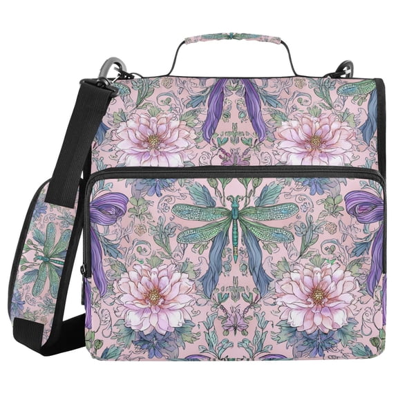 Dragonfly with Bows Flowers Elegant Binder Bag with Shoulder Strap 3 Ring Zipper Binder File Folder Document Storage