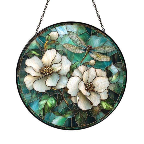 Dragonfly with White Blooming Flower Stained Glass Window Hanging, Elegant Botanical Nature Inspired Decor Accent for Bright Home Interiors