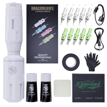 Dragonhawk Wireless Battery-Powered Tättoo Machine Kit with Needles - Complete Starter Set for Beginners