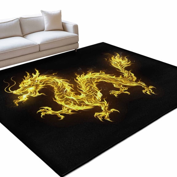 Dragons Flames 6x9ft Non Slip Area Rug Yellow Dragons Abstract Art Black Background Washable&nbsp;Soft Area Rugs for Living Room, Indoor&nbsp;Circle Carpet for Bedroom Dining Room Kitchen