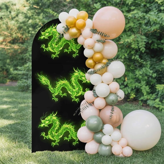 Dragons Flames Arch Backdrop Cover 4 FT, Green Dragon Abstract Art Black Background Wedding Arch Cover Stretchy Backdrop Stands Covers for Birthday Party Ceremony Banquet Decor