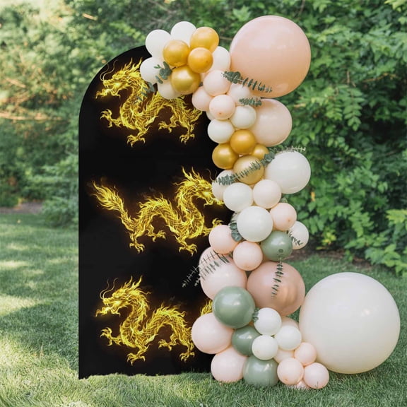 Dragons Flames Arch Backdrop Cover 5 FT, Yellow Dragons Abstract Art Black Background Wedding Arch Cover Stretchy Backdrop Stands Covers for Birthday Party Ceremony Banquet Decor