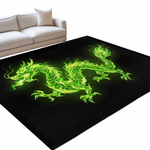 Dragons Flames Area Rug, Green Dragon Abstract Art Black Background Non-Slip Felt Rubber Backing Rectangle Indoor Carpet Washable Rugs for Living Room Bedroom 5x7ft