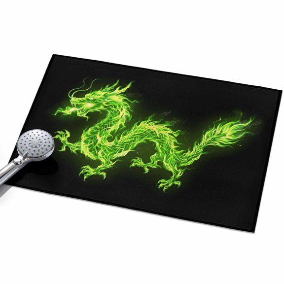 Dragons Flames Area Rug, Green Dragon Abstract Art Black Background Non-Slip Felt Rubber Backing Rectangle Indoor Carpet Washable Rugs for Living Room Bedroom 2x3ft