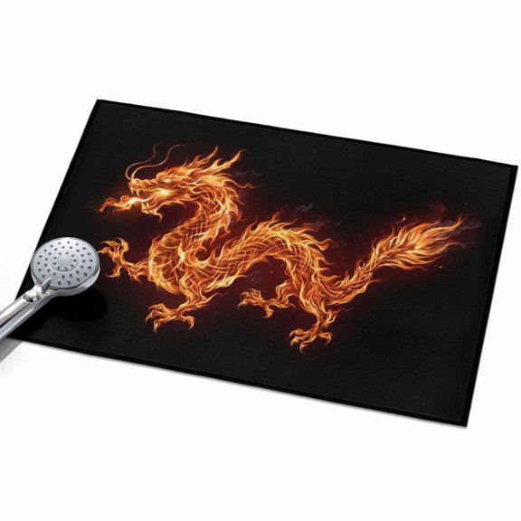 Dragons Flames Area Rug, Orange Dragon Abstract Art Black Background Non-Slip Felt Rubber Backing Rectangle Indoor Carpet Washable Rugs for Living Room Bedroom 2x3ft