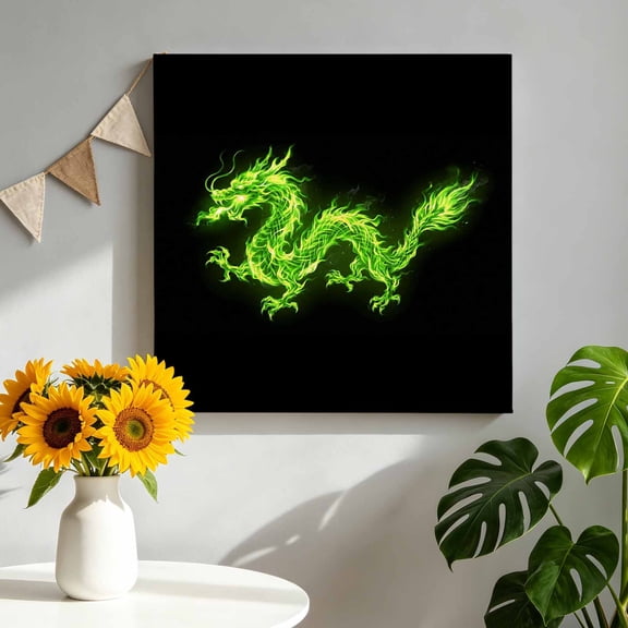 Dragons Flames Canvas Wall Art, Green Dragon Abstract Art Black Background Framed Canvas Wall Decor Picture Print Artwork Decorations for Living Room Office Ready to Hang 16" x 16"