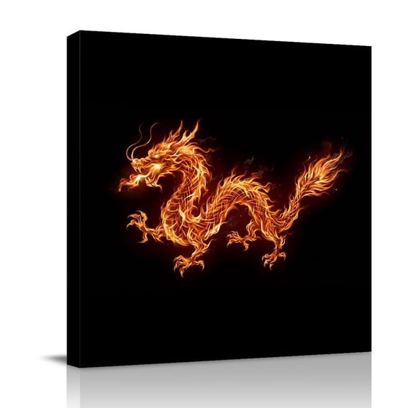 Dragons Flames Canvas Wall Art for Living Room, Orange Dragon Abstract Art Black Background Wall Decor Framed Artwork Pictures Ready to Hang for Bedroom Office Home Decor