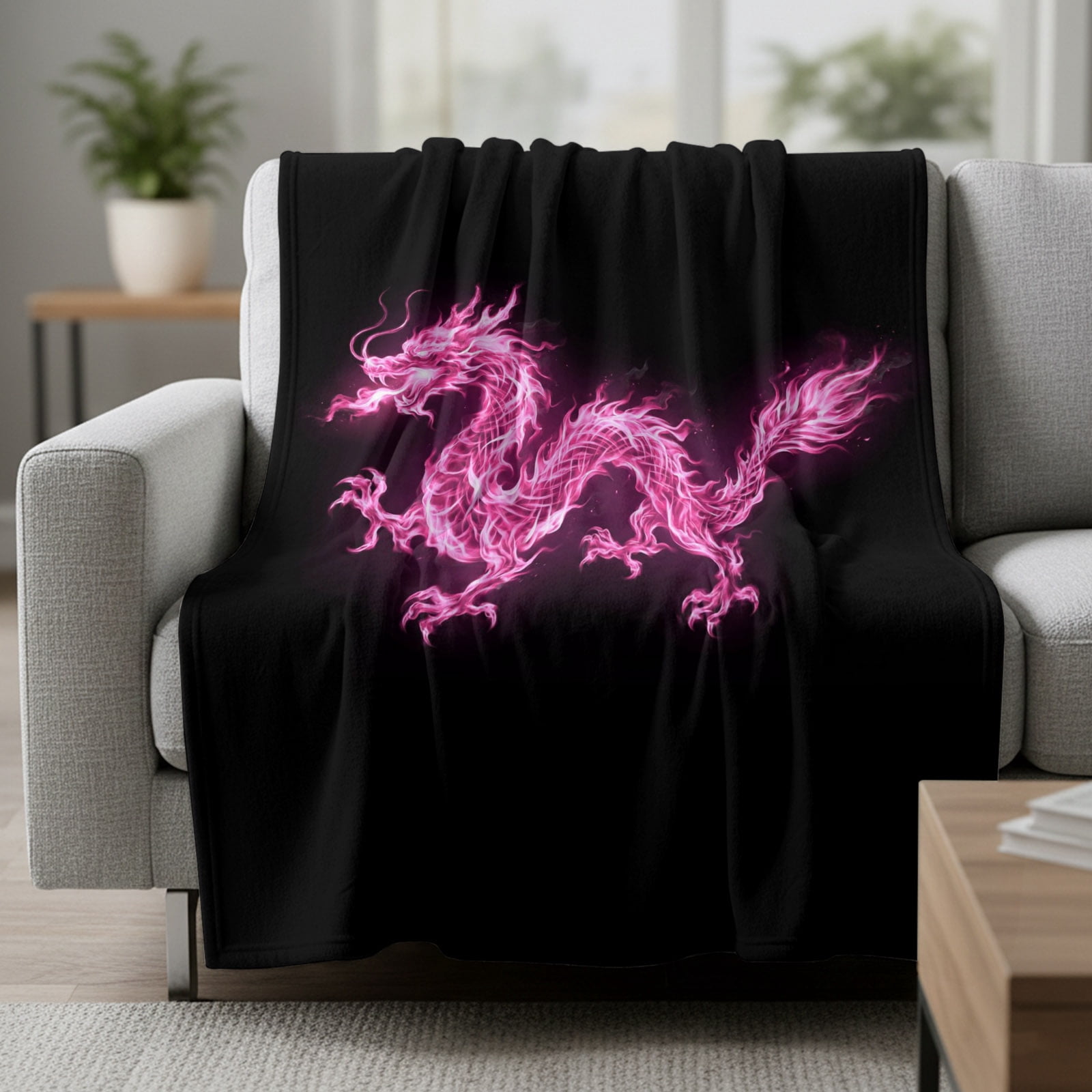 Dragons Flames Fleece Throw Blanket Pink Dragons Abstract Art Black ...