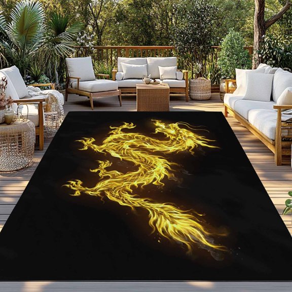 Dragons Flames Indoor Outdoor Rugs 4x6 Ft, Yellow Dragons Abstract Art Black Background Outdoor Patio Rugs Mat Washable Outside Area Rugs Carpet for Porch Deck RV Camping Pool Balcony Backyard