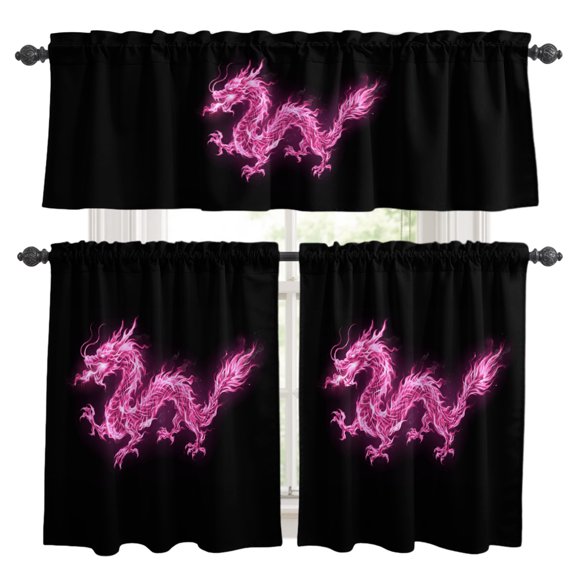 Dragons Flames Kitchen Curtains Set for Windows, Pink Dragons Abstract Art Black Background Curtains Valance and Tier 3 Piece Set Small Drapes 24 Inch Length for Kitchen Bedroom Decor