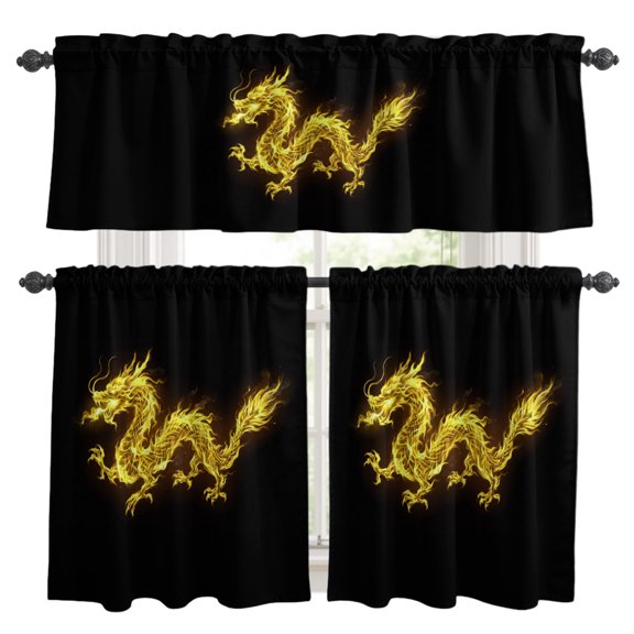 Dragons Flames Kitchen Curtains Set for Windows, Yellow Dragons Abstract Art Black Background Curtains Valance and Tier 3 Piece Set Small Drapes 36 Inch Length for Kitchen Bedroom Decor