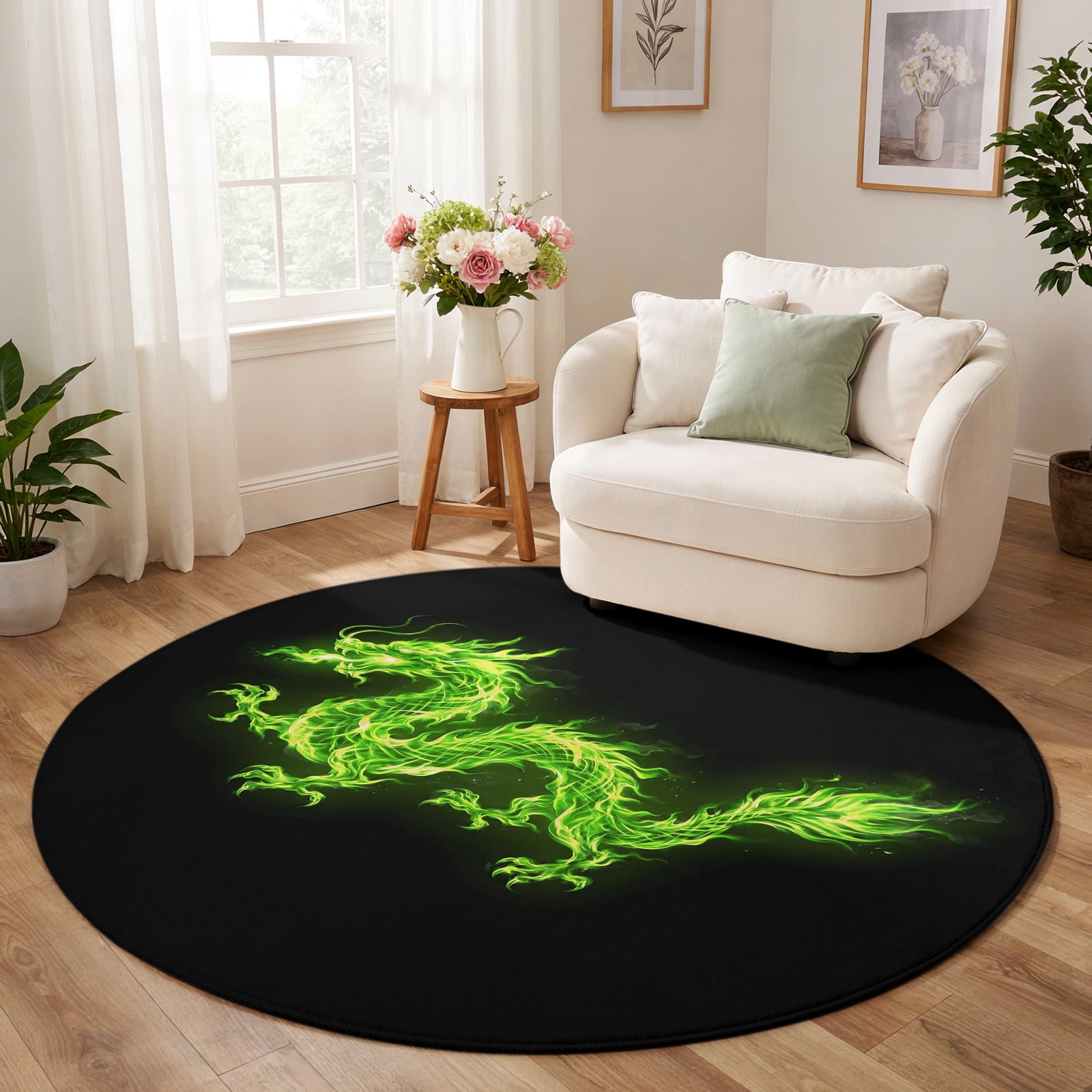 Dragons Flames Round Area Rug Living Room 6ft, Green Dragon Abstract ...