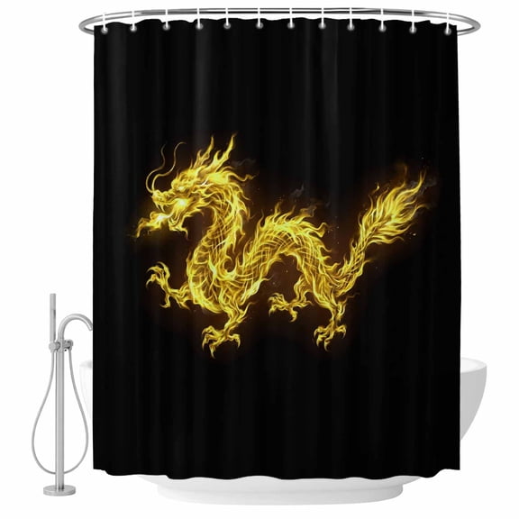 Dragons Flames Shower Curtain for Bathroom, Yellow Dragons Abstract Art Black Background Waterproof Cloth Fabric Bathroom Accessories Set with 9 Rust Proof Plastic Hooks, 36"x72"