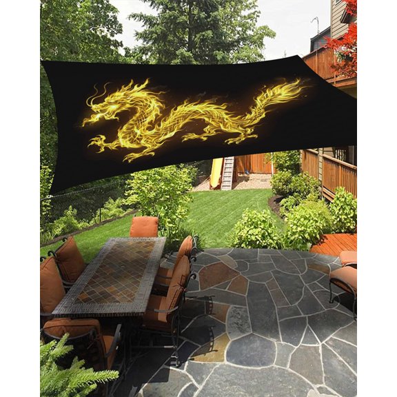 Dragons Flames Sun Shade Sail 6.5'X10' Yellow Dragons Abstract Art Black Background UV Block Outdoor Sail Shades Breathable Waterproof Rectangular Sunshade for Patio Garden Pool Pergola Porch