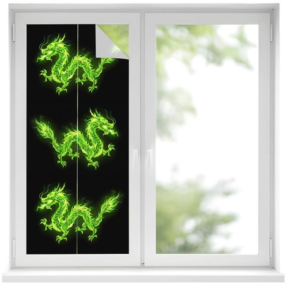 Dragons Flames Window Privacy Film 17.7x39.3in Green Dragon Abstract Art Black Background Decorative Window Film with Static Cling, UV Filtering Window Cling Privacy Film for Glass Doors and Windows