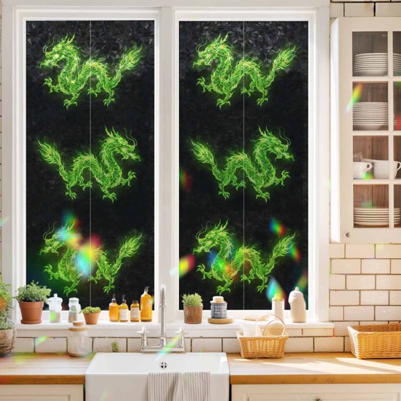 Dragons Flames Window Privacy Film Green Dragon Abstract Art Black Background Static Cling Stained Glass Window Film Non-Adhesive Decorative Decals Rainbow Sticker 17.7"X39.3"