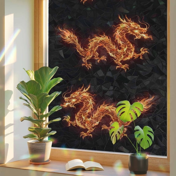 Dragons Flames Window Privacy Film, Orange Dragon Abstract Art Black Background Stained Glass Rainbow Film Decorative Window Clings, Static Cling Sun Blocking Stickers 17.7" x 78.7"