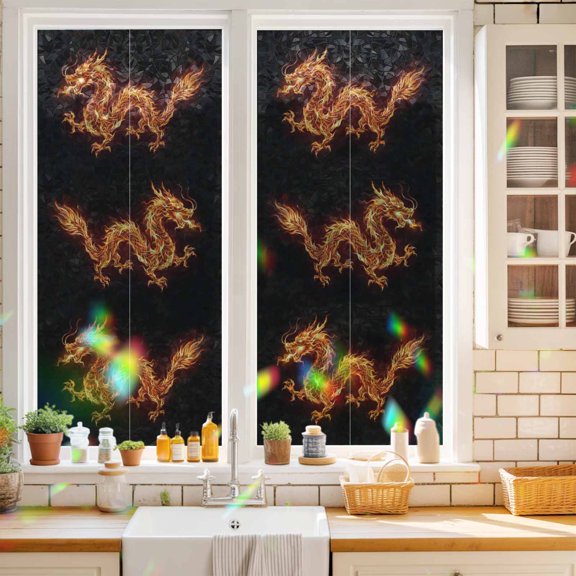 Dragons Flames Window Privacy Film Orange Dragon Abstract Art Black Background Static Cling Stained Glass Window Film Non-Adhesive Decorative Decals Rainbow Sticker 17.7"X39.3"
