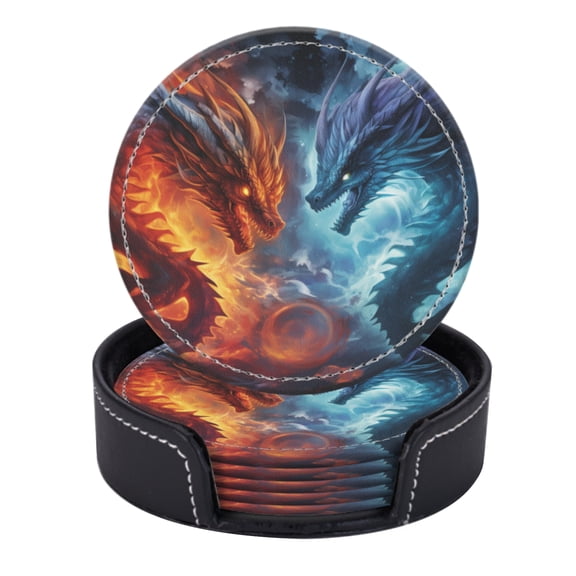 PU Leather Coasters for Drinks Bar Beer,Set of 6 with Holder,Round Housewarming Gift,Dragons With Fire And Ice