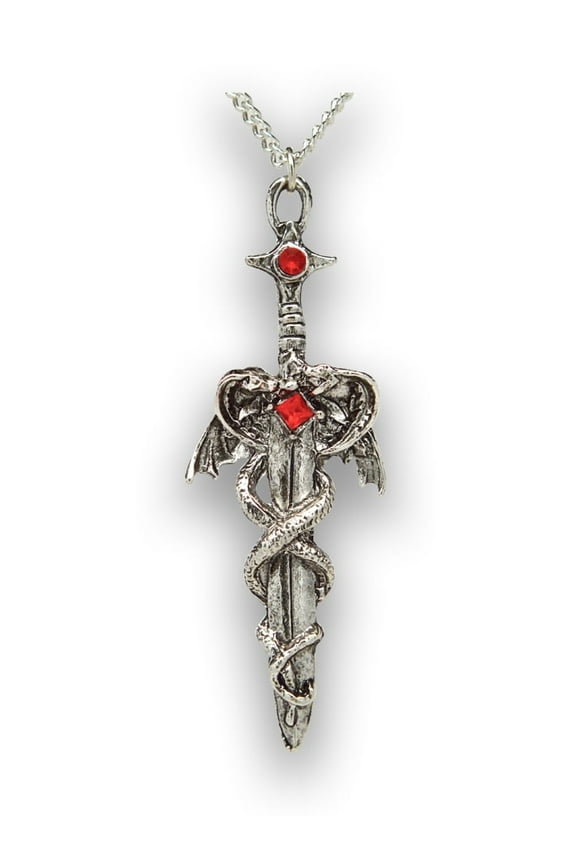 Dragons Wrapped Around Sword Medieval Renaissance Silver Finish Pendant Necklace by Real Metal NK-414
