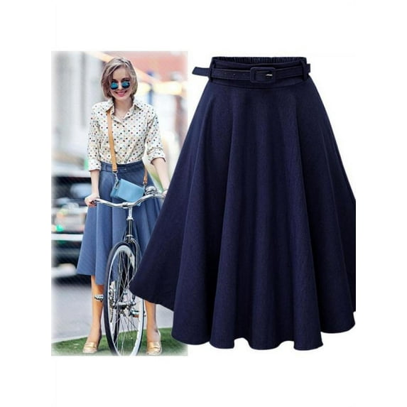 Dragonus Women's Denim A-line High Waist Long Midi Flare Party Skater Slim Skirt