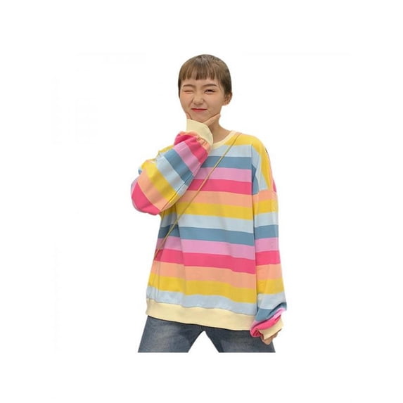 Dragonus Womens Rainbow Striped Pullover Loose Sweater Ladies Long Sleeve Jumper Sweatshirt Top