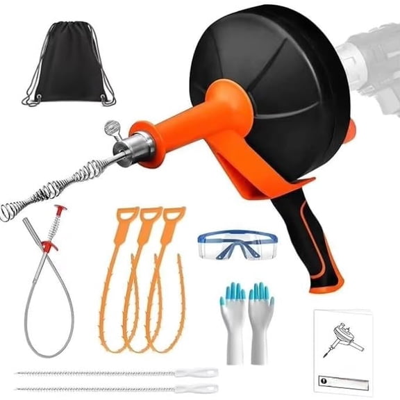 Drain Auger & Plumbing Snake Tool Set, Flexible Pipe Cleaner for Kitchen Sink, Bathroom Sink, Shower & Tub, Hair Removal, Manual or Drill Powered, Various Sizes (33ft Drain Auger + Tool Kit)