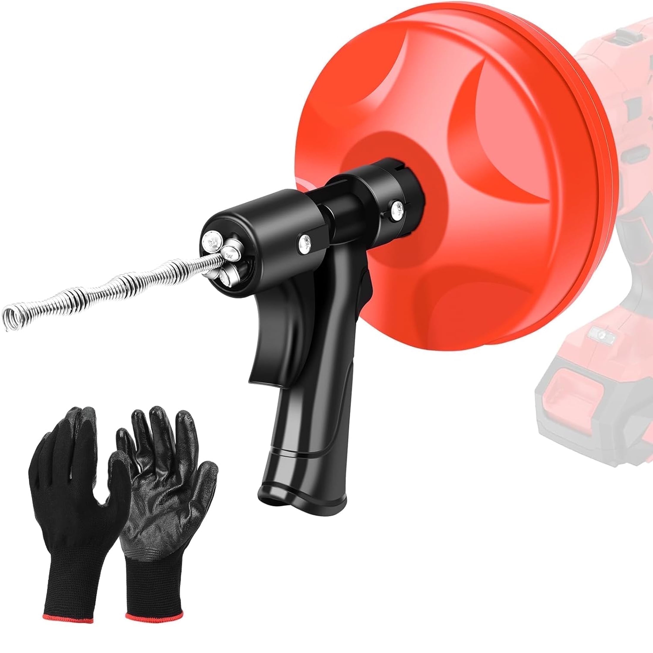 Drain Snake Auger, Clog Remover with Drill Adapter, 25 ft Flexible Plumbing Snake with Gloves - Manually or Powered